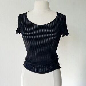 Armani Collezioni Black Sheer Open-Knit Short Sleeve Tee
